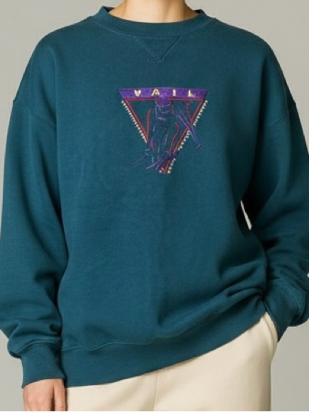 Vintage 80s Vail Teal Ski Sweatshirt with Geometric Graphic